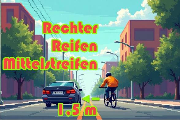 Künstlich erzeugtes Bild einer Straße in einer Ortschaft, auf der ein Fahrradfahrer fährt und von einem PKW mit Abstand überholt wird. Auf dem Bild über dem PKW steht: "Rechter Reifen Mittelstreifen". Der Mindestabstand von 1,5 m ist auch noch eingezeichnet.