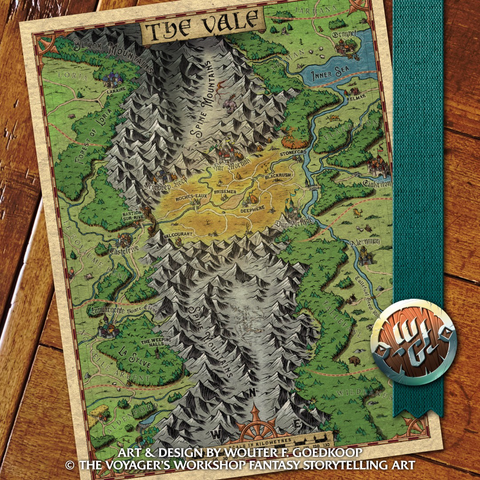 A full colour, hand drawn fantasy map depicting the Vale, nested between two large mountain ranges, and the larger surrounding area.