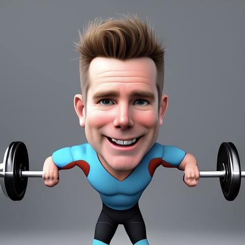 Eine karikaturhafte Figur mit einem großen Kopf und einem großen Lächeln hält eine Langhantel in der Hand. Leider fehlt die Verbindung der Stange von de Linken zum rechten Gewicht. Die Figur trägt ein blau-schwarzes Trainingsoutfit. Der Hintergrund ist grau und betont das verspielte und fitnessorientierte Erscheinungsbild des Charakters.