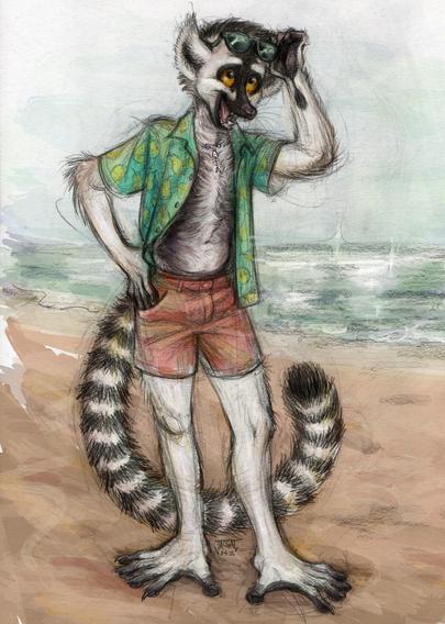 a coloured sketch of an anthro lemur at a beach. the colours are fairly muted; the sand has a reddish hue to it, while the sea and sky are a greenish turquoise. the lemur (Alex, he/him) stands with a relaxed and jovial stance, one hand on his hip and the other pushing his sunglasses up onto his forehead. he has the long, striped tail characteristic of ring-tailed lemurs, but some of his other features such as the dark stripe running up the center of his face, and the hairless areas on his torso) suggest he is a hybrid of other lemur types, as well. his hand-like feet are big and broad. he wears a green shortsleeve shirt (which is unbuttoned and open), salmon-coloured shorts, and a necklace with a stylised fish skeleton as a pendant.