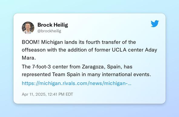 BOOM! Michigan lands its fourth transfer of the offseason with the addition of former UCLA center Aday Mara.

The 7-foot-3 center from Zaragoza, Spain, has represented Team Spain in many international events.

https://t.co/x7RMe8HIQi