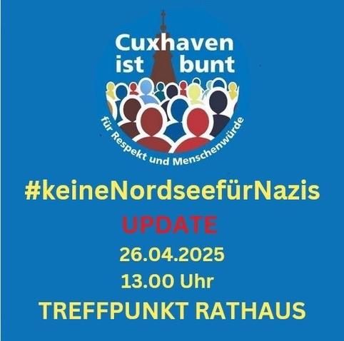 Auf hellblauem Grund sind viele bunte stilisierte Menschen vor der Kugelbake.
Darunter steht:
Update
26.04.25 13 Uhr Treffpunkt Rathaus