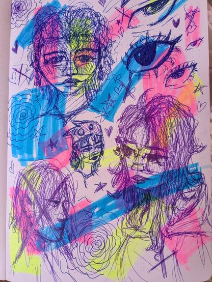 Ballpoint pen sketches of human faces, maker splotches in background