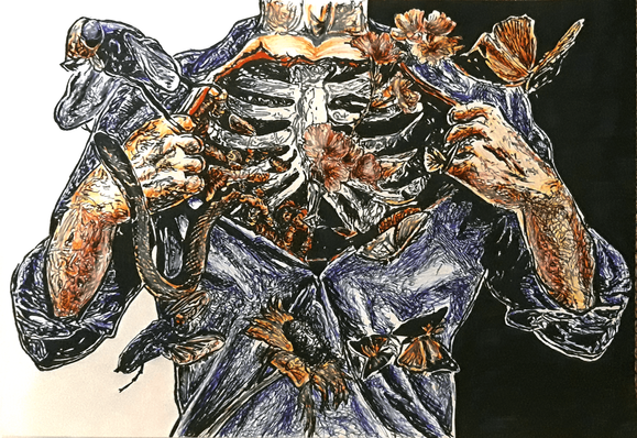 The drawing is in horizontal orientation. It contains a mans torso, flowers, flies, butterflies, a snake and maggots. There's a mans chest in the middle of the image. He's tearing his shirt and his chest apart. His skin is torn apart, revealing his ribs. There are maggots and a snake crawling out from behind his ribs on the left side of the image. There are a couple of flies flying away from his chest near the maggots. The snakes head is in front of his right hand. There are flowers falling and bursting out of the right side of his chest. There are butterflies flying away from his chest, mirroring the positions of the flies. The background on the left side is white whereas the right side is completely black. The mans shirt is blue, His hands are pinkish yellowish. His ribs are white. The flies are mostly blue. The maggots, butterflies and flowers are a mix of yellow, orange and red. The torn skin is bright red.