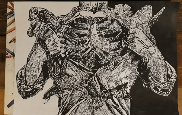 The same image, otherwise completed, but without any colours. Some details were added with colours later on, but every black line is already drawn.

The position in which the character is, while ripping his chest apart is similar to how superman rips his shirt apart to reveal his iconic "S" symbol.