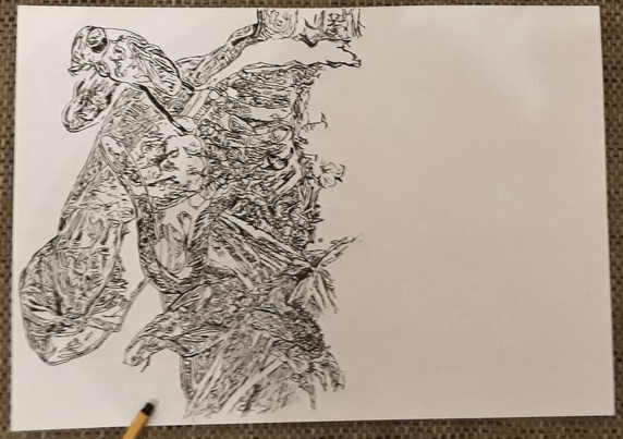 The same image, but with only the left side drawn. The left side has all the negatively associated imagery present, such as the maggots, flies and snake. There's a part of a sunflower drawn at the bottom of the image.