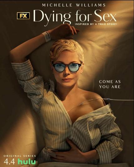 MIchelle Williams on the poster for Dying for Sex. She's in sunglasses with a beam of light across her body and a tube inserted in her chest.