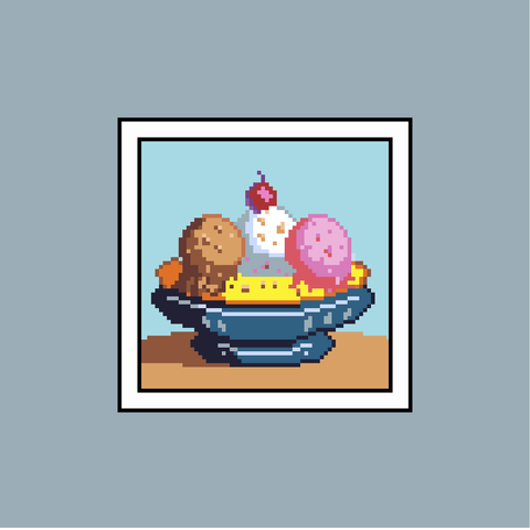 64x64 pixel art of a banana split, three scoops of ice cream on a banana with a cherry on top.