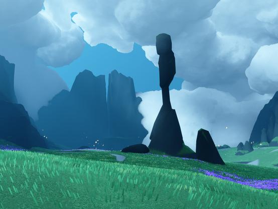 Screenshot of a stone pillar in a sunny field with clouds and mountains behind it from the video game Sky Children of the Light