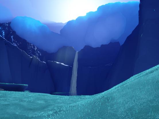 Screenshot of a tall waterfall in a mountainous setting under cloudy skies in the video game Sky Children of the Light