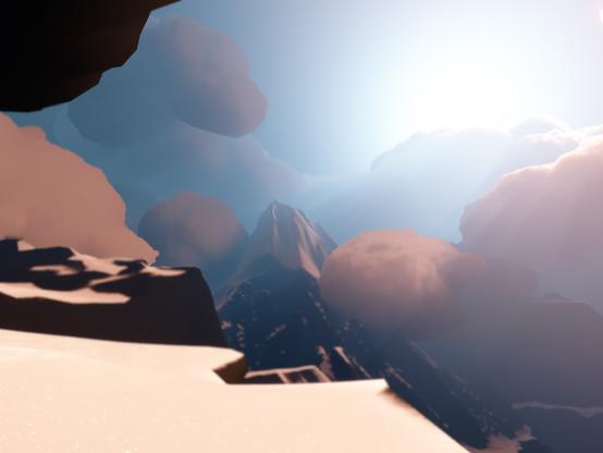 Screenshot of a distant snowcapped mountain peak among the clouds taken from a snowy ridge in the video game Sky Children Of The light