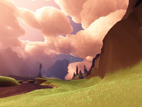 Screenshot of sunset clouds, fields and cliff in the video game Sky Children of the light