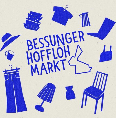 Grafik zum Bessunger Hofflohmarkt mit Schriftzug, Hasen und symbolischen Flohmarktgegenständen.