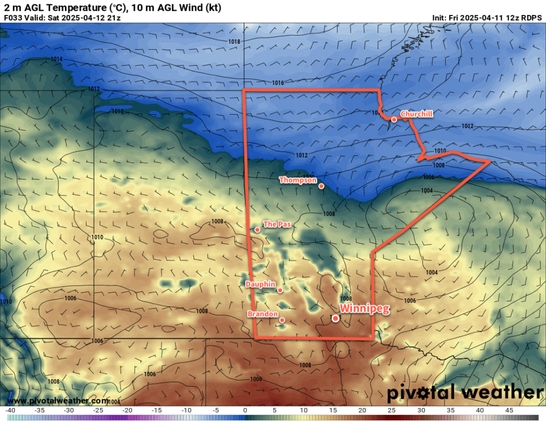 RDPS 2m Temperature Forecast valid 21Z Saturday April 12, 2025