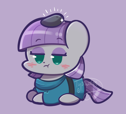 Art of a chibi Maud Pie laying down, she has Boulder on top of her head.