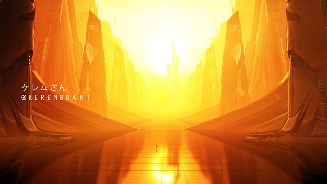 this is how I see it when I daydream about John 14:2-6. A highly advanced; almost heavenly cityscape with semi organic buildings with a majestic glowing sunset while a tiny looking figure walking towards the center.