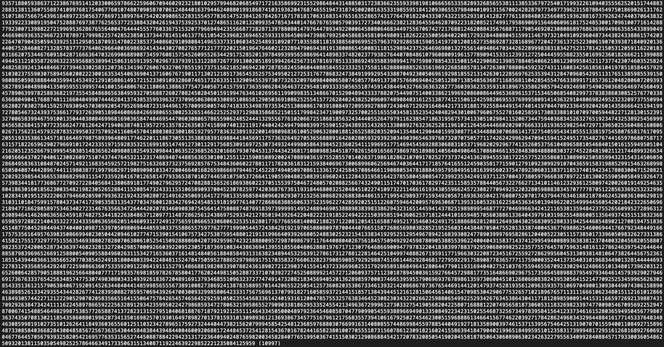 Screenshot of the 10997-digit prime number in its entirety. The white digits on the black background are so numerous it appears like a grey rectangle when zoomed out.