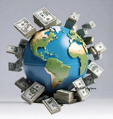 Surreal artwork of a world map with floating dollar bills across continents, symbolizing financial shifts and global awareness. Art by Rafael Salazar at RafaelSalazar.com