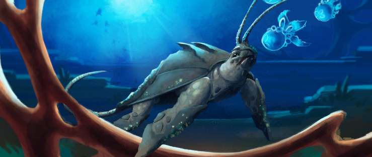 A sea creature that looks like a turtle, with a horseshoe crab shell and a pair of crustacean antennae, about to eat a jellyfish
