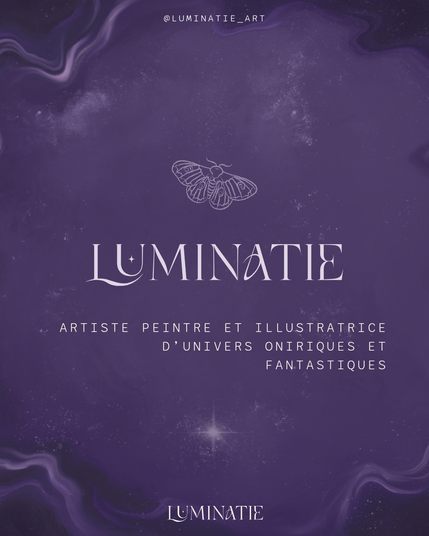 Image de présentation sur fond violet féerique.
Je suis artiste peintre et illustratrice d'univers oniriques et fantastiques