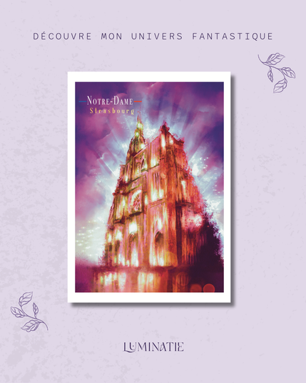 Illustration féerique semi abstraite de la cathédrale de Strasbourg avec des couleurs douces et apaisantes.