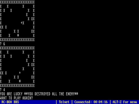 Screenshot of the BASIC type-in game "Chase".

The player has to move inside a square area which is enclosed by ASCII 'X' characters depicting an electric fence. Inside that area are several more 'X' characters randomly spread. The player is depicted by an ASCII asterisk and enemy robots are depicted by plus signs. The goal of the game is to plan the player moves so that the robots who approach the player will hit any of the 'X' characters.