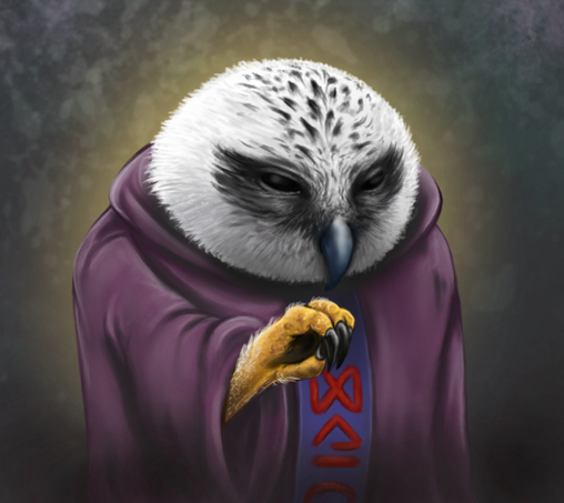 Drawing of a humanoid white owl with big head, wearing purple robes with vertical blue strip and ren rune symbols. Owl's leg is its right hand here, outstretched ahead, with big black claws visible.