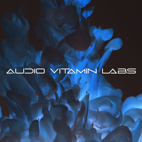 Weird goopy blue fluid over a black background. There is white text over it that says Audio Vitamin Labs in a cool font.