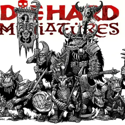 A group of fantasy orcs stands prominently in the foreground, each character displaying unique features and weaponry, including axes, shields, and a banner. The orcs are depicted in a stylized, black-and-white illustration, showcasing a variety of armor and expressions that convey their mischievous nature. Above them, the logo "DIE HARD Miniatures" is displayed in bold red letters, adding emphasis to the scene.
