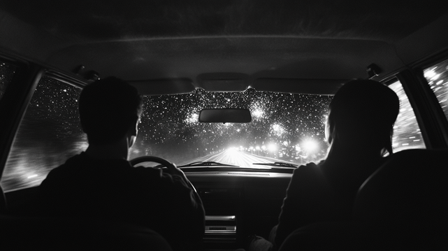 Virée Stellaire.
Photographie en noir et blanc de deux passagers observant une route étoilée à travers le pare-brise d’une voiture.
Black and white photograph of two passengers gazing at a starry road through a car windshield.