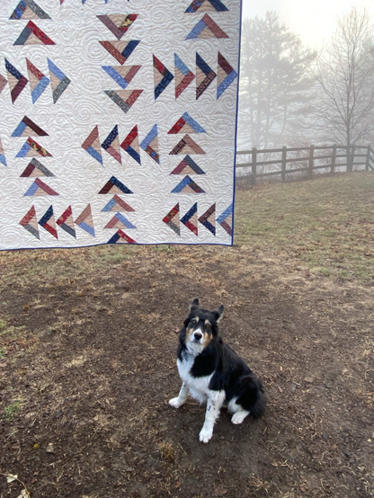 Bottom right corner of quilt described in first picture with black/tan/white Australian shepherd sitting beneath it.