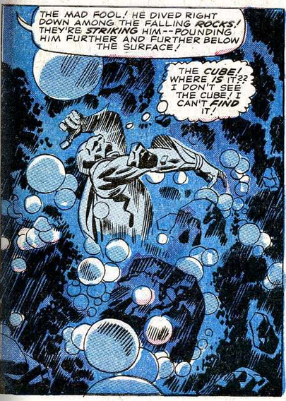 A panel from a Captain America story in Tales of Suspense where Red Skull is swimming under water and someone is saying that "he dived right down."