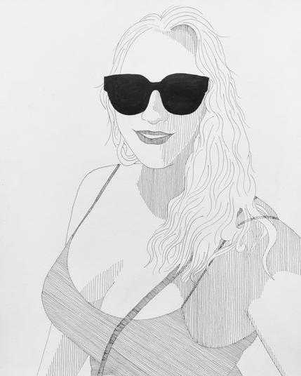 Ink drawing of a smiling pretty lady in sunglasses.
