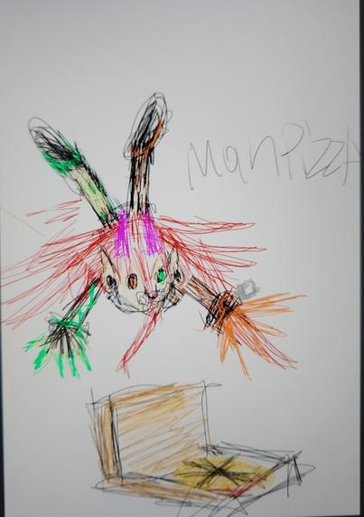 Rough sketchy drawing of gremlin Inaries falling and dropping their pizza box. The box is open and the pizza is face first on the ground Inaries is laid out left orange claw arm out and relight black and green hand out legs match arms purple horns red hair and eyes are inverse of the arms and legs nose ring ear guard and dialogue that reads "mah pizza" bracelets on both arms left arm has a single chain link.