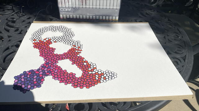 The beginning of another drawing that employs randomized tesselation of blob like shapes but this time filled in with a gradient of colors starting with dark purple in the left bottom corner and graduating to vermillion in the middle