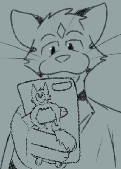 pinball holding a phone in one hand in focus, with a micro also held under his fingers with the phone at its back looking up to the camera in mirror