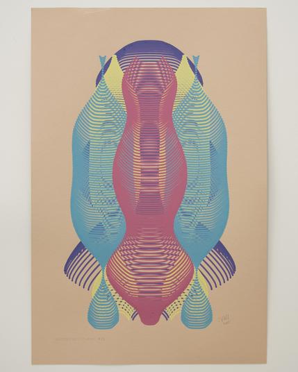 An abstract painting produced by a robotic pen plotter using a generative algorithm. Yellow, teal, red, and purple acrylic paint produce a curving, lenticular form on green paper.