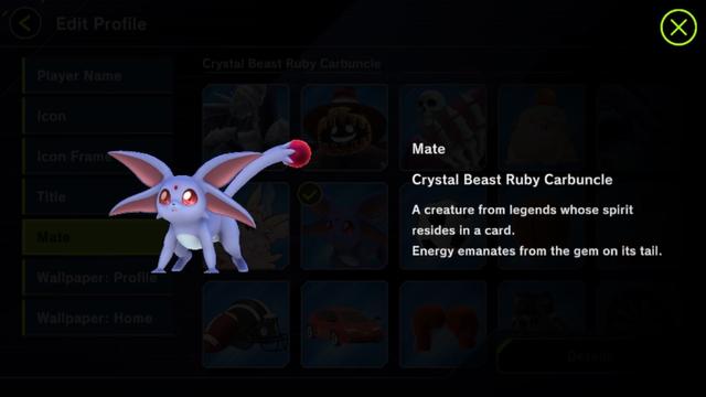 A screenshot from Master Duel showing a Crystal Beasty Ruby Carbuncle, a cat like creature with a ruby gem on its tail from the YuGiOh! Franchise