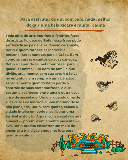 Imagem com fundo temático de folha em tom de café claro. Temos os selos da produção, realizada pelo “Estúdio Fulber” e por “Habisco, suporte criativo”. A realização é creditada à Secretaria de cultura de Novo Hamburgo e à direita há não apenas o slogan da Lei Paulo gustavo, como também o atual logo do Ministério da Cultura, governo Federal com a palavra Brasil com cores amarela, azul, verde e vermelho em formas geométricas dentro das próprias letras, finalizando com as palavras “união e reconstrução”.