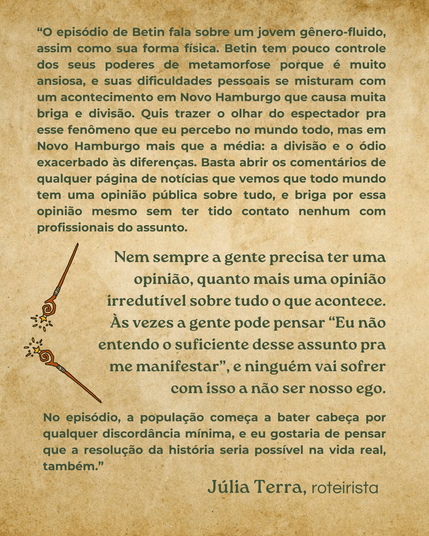 Keep calm e conheça Betin:

Um jovem adulto não binárie, com boné, camisa larga, bermuda escura e tênis de língua alta e cano médio, todos em tons marrom acinzentado, mira à sua direita com olhos arregalados e lágrimas ao rosto com a boca entreaberta. Assim como seu cachecol com listras rosa, azul e rosa, cores da bandeira trans, suas mechas repicadas, quase ao ombro, seguem esvoaçantes a brisa leve que sinaliza uma aparente repentina tormenta interna, quase que contínua. Está sobre uma pequena montanha redonda amarelo mostarda e um fundo riscado à canetinha de cor lilás, indo de uma diagonal à outra, preenchendo todo o quadro ao fundo.