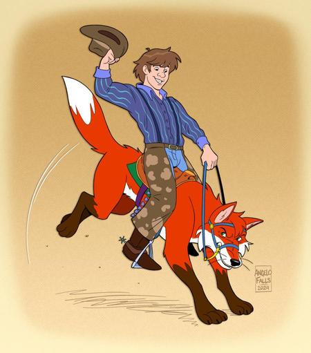 A drawing of a light brown haired male human wearing cowboy attire riding on the back of Andy, a feral red fox, who is trying to buck the rider off from his back.