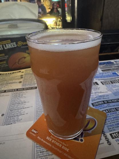 A close-up of a pint glass filled with a light amber beer, sitting on a coasters atop a menu at a bar. The background shows a blurred interior of the establishment with people and ambient lighting.