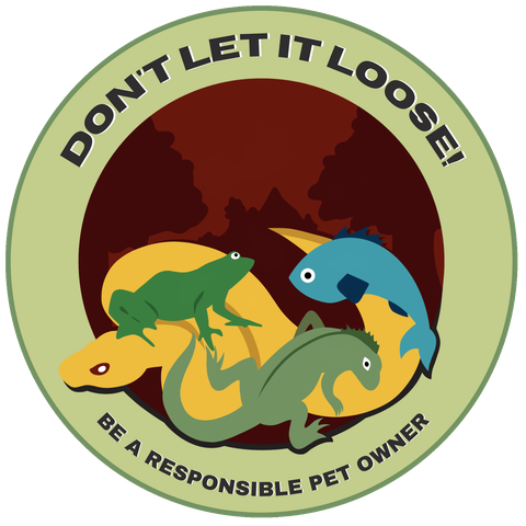 The Don't Let It Loose logo showcasing pets like a frog, fish, snake, and iguana. 

Caption: Don't Let It Loose!
Be a responsible pet owner.