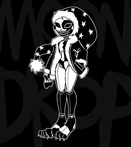 A slender animatronic in a big cotton winter coat and nightcap and nothing else. Half black, half white with a leering crescent-moon face. Two nice clawed feet round out the package. #wootart