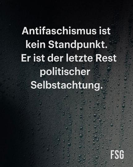 Schwarz/grauer Hintergrund mit Text:"Antifaschismus ist
kein Standpunkt.
Er ist der letzte Rest
politischer Selbstachtung."
Ein Bild der Seite 
FSG
