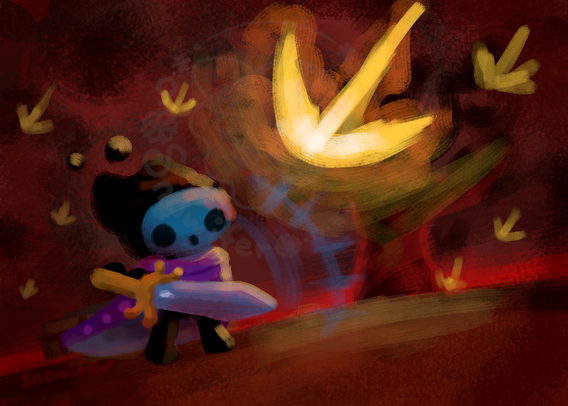 A little blue skull man with a sword trying to block giant fire raining down.