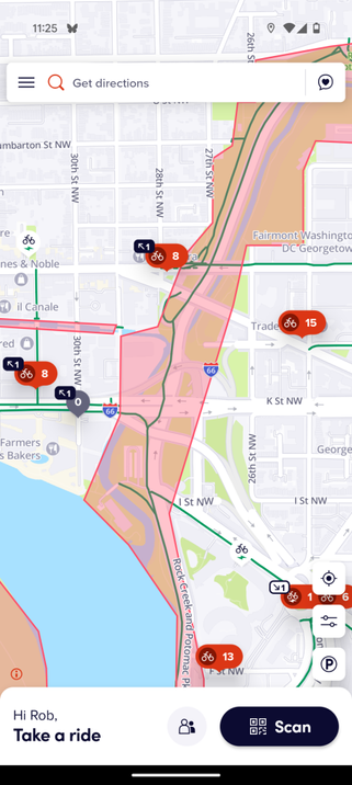 Screenshot of the CaBi Android app showing a range of point values in Georgetown and Foggy Bottom.