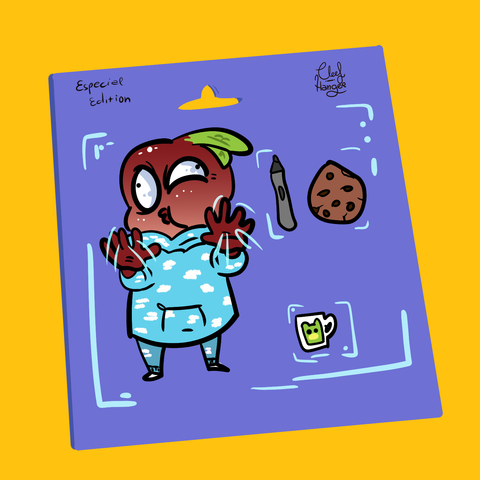 A Especial Edition  with the artist portrayed as a turnip with a cloudy pijama , a tablet pencil, a cookie and a cup of tea with froggelio in it.