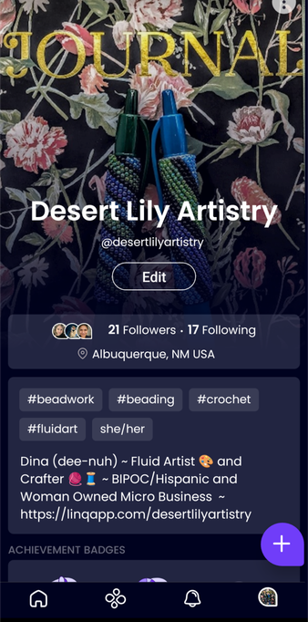 A screenshot of my Desert Lily Artistry profile page on Kyndr (kinder).