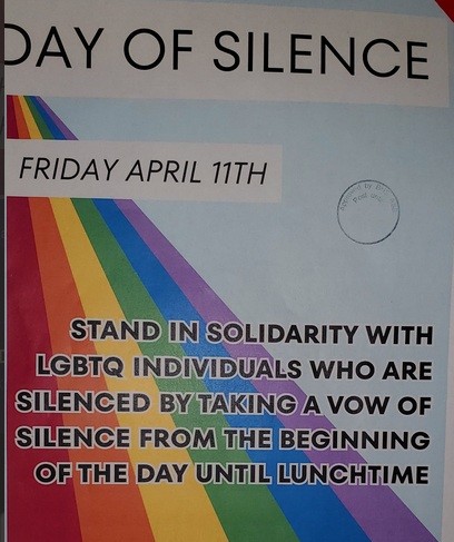 Friday April 11

Stand in solidarity with lgbtq individuals who are silenced by taking a vote of silence from the beginning of the day until lunchtime.